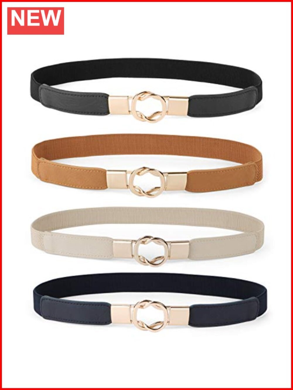 Womens Stretchy Skinny Belt Set with Gold Buckle, Elastic Waist Belt for Dresses